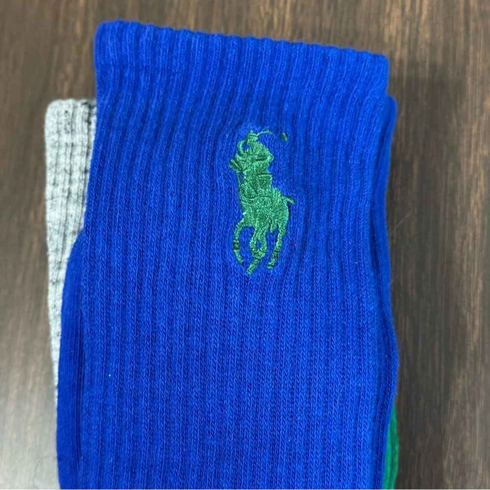 Polo Ralph Lauren 3 Pairs‎ Classic Sport Socks Green Blue Gray Shoe Size 12-17